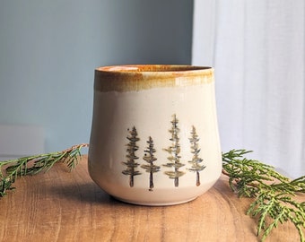 Pine tree pottery tea cup, ceramic sipper, 12 ounce tumbler, decorative pottery cup, cup without handle, nature lover gift, gift for mom