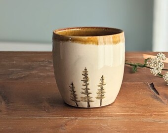 Pine tree pottery tea cup, ceramic sipper, 12 ounce tumbler, decorative pottery cup, cup without handle, nature lover gift, gift for mom