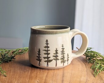 10 ounce pottery coffee mug, handmade ceramic pine tree tea cup, gift for coffee lover, artisan mug, small mug, forest cup, gift for dad