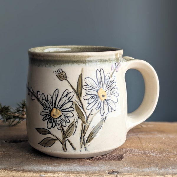 Handmade pottery daisy mug, small ceramic coffee or tea mug, wheel thrown mug for gardener, floral décor, wildflower pottery, 6 ounce
