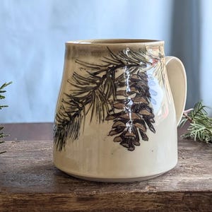 Pine Branch 14 ounce Coffee mug, gift for coffee lovers, large tea mug, nature art, gift for nature lovers, pottery mug, tea lover gift