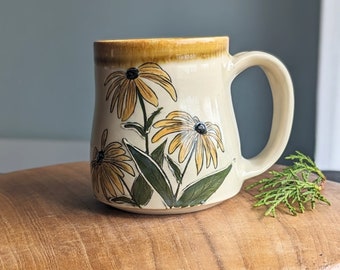 Black-eyed susan mug, handmade ceramic coffee cup, hand carved wildflower art, gift for gardeners, wedding gift, unique 14 ounce coffee mug