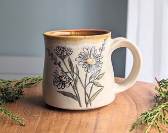 Handmade pottery daisy mug, ceramic coffee or tea mug, wheel thrown mug for gardener, floral décor, wildflower pottery, 12 ounce coffee cup