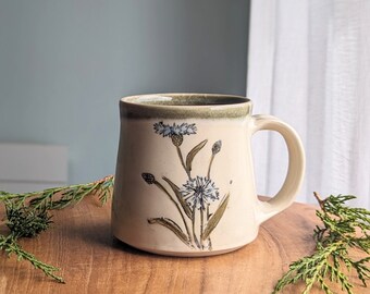 Handmade pottery flower mug, ceramic coffee or tea mug, wheel thrown mug for gardener, bachelor button, wildflower, 12 ounce coffee cup