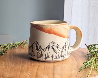 Mountain landscape mug, 10 ounce coffee mug, handmade pottery cup, unique ceramic mug, hand carved rocky mountain pottery, unique gift idea