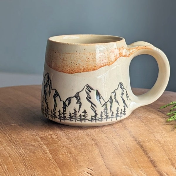 Mountain landscape mug, small 5 ounce coffee mug, handmade pottery cup, unique ceramic hand carved rocky mountain pottery, unique gift idea