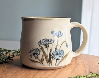 Handmade pottery flower mug, ceramic coffee or tea mug, wheel thrown mug for gardener, bachelor button, wildflower, 12 ounce coffee cup