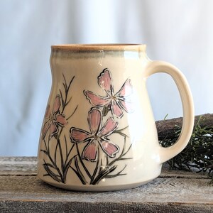 Handmade pottery wild flower mug, ceramic coffee or tea mug, wheel thrown mug for gardener, wild phlox, wildflower, 16 ounce coffee cup