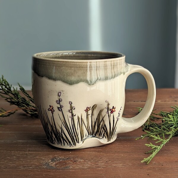 Decorated 14 ounce ceramic mug, wild flower decorated, floral décor, large pottery coffee mug, green pottery, mother's day gift idea