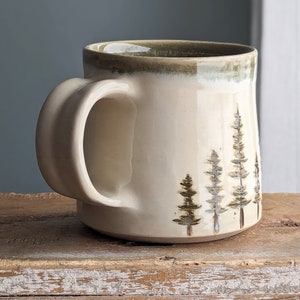 10 ounce pottery coffee mug, handmade ceramic pine tree tea cup, gift for coffee lover, artisan mug, small mug, forest cup, gift for dad