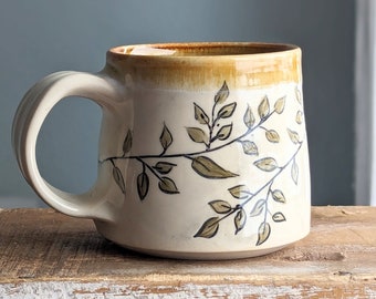 Handmade pottery vine mug, 10 ounce ceramic coffee mug, white and brown tea cup, natural kitchen theme, dinnerware, handcrafted pottery art