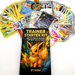 May include: A Trainer Starter Kit for new collectors, featuring a battle-ready bundle of cards. The kit includes a card deck, stickers, and a Pikachu pin. The card deck has a colourful Eevee design with the text "Trainer Starter Kit".