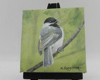 Black Capped Chickadee small painting, original acrylic 3x3 inch on easel state bird art home decor by NC Artist Mary Ann Baggstrom