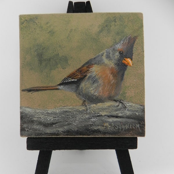 Female Cardinal small painting, 3x3 original acrylic female cardinal on limb, state bird home decor by Blue Ridge Artist Mary Ann Baggstrom