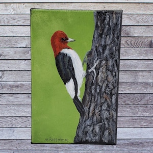 Woodpecker small painting, Red-Headed woodpecker 6x4 inch original acrylic bird art home decor by NC Blue Ridge artist Mary Ann Baggstrom