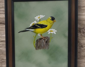 GoldFinch Acrylic Original Painting: Framed Yellow Bird Art, 8x10
