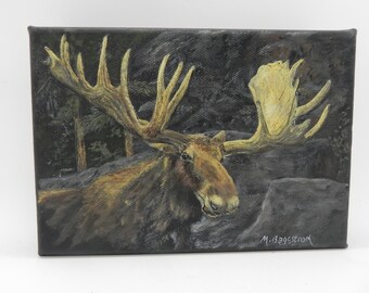 Moose Painting: Original Moose Art, Acrylic Wildlife Art, 5x7 Canvas, Wildlife Home Decor, Lodge Home Decor, Cabin Decor, Home Decor gift