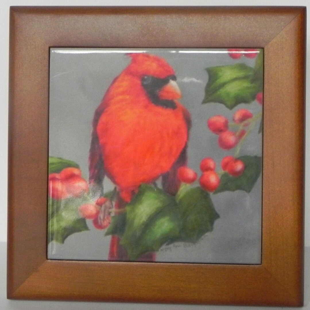 Cardinal Painting Framed Ceramic Tile: Original Bird Art on Cherry Wood ...