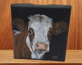 Cow painting, original acrylic Painting: 4x4 inch Brown Cow, Farm Decor, Rustic Decor, farm animal, cow portrait