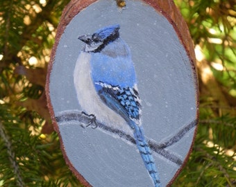 Blue Jay Ornament Wood Slice, Original Acrylic Bird Art Ornament or Home Decor Wall Hanging by Blue Ridge Artist Mary Ann Baggstrom