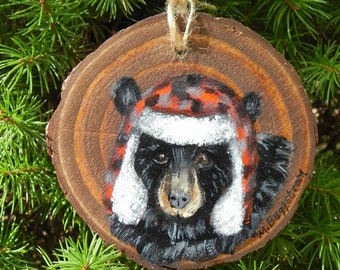 Bear Ornament: Original Hand-Painted Bear on Wood Slice, black bear decor, bear portrait on wood, mountain decor, bear Christmas ornament