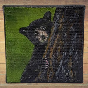 Black Bear Cub 4x4 inch painting, original small black bear painting in acrylic wildlife black bear art home decor
