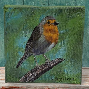 Small Robin Painting, Original acrylic Robin painting, 4x4 inch miniature Connecticut, Michigan and Wisconsin state bird art, home decor