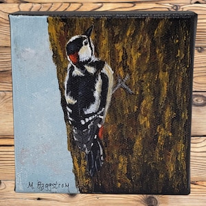 Woodpecker small painting, 4x4 inch original acrylic Great-Spotted Woodpecker home decor bird art