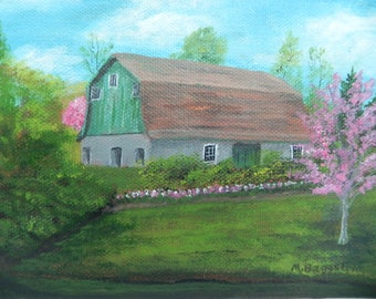 Barn Small Original Painting, 5"x7" Acrylic Green Barn Landscape Farm Home Decor by Blue Ridge Artist Mary Ann Baggstrom