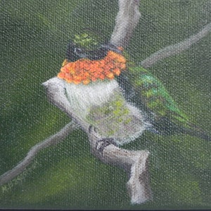 May include: A small square painting of a hummingbird perched on a branch. The bird has a vibrant orange throat, green back, and white chest. The background is a blurred green, suggesting foliage. The artwork is signed in the lower left corner.