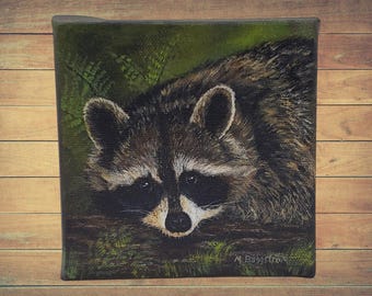 Raccoon Painting: Original Acrylic Wildlife Art, Rustic Wildlife Cabin painting, 5x5 inch canvas, Raccoon portrait, Original Raccoon art