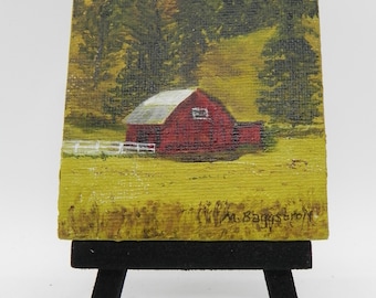 Barn Landscape Painting: Rustic Acrylic Art (3x3 inch), Original Painting, Red Barn Art, Farm Decor Art, Rustic Farm Decor, Mountain Farm