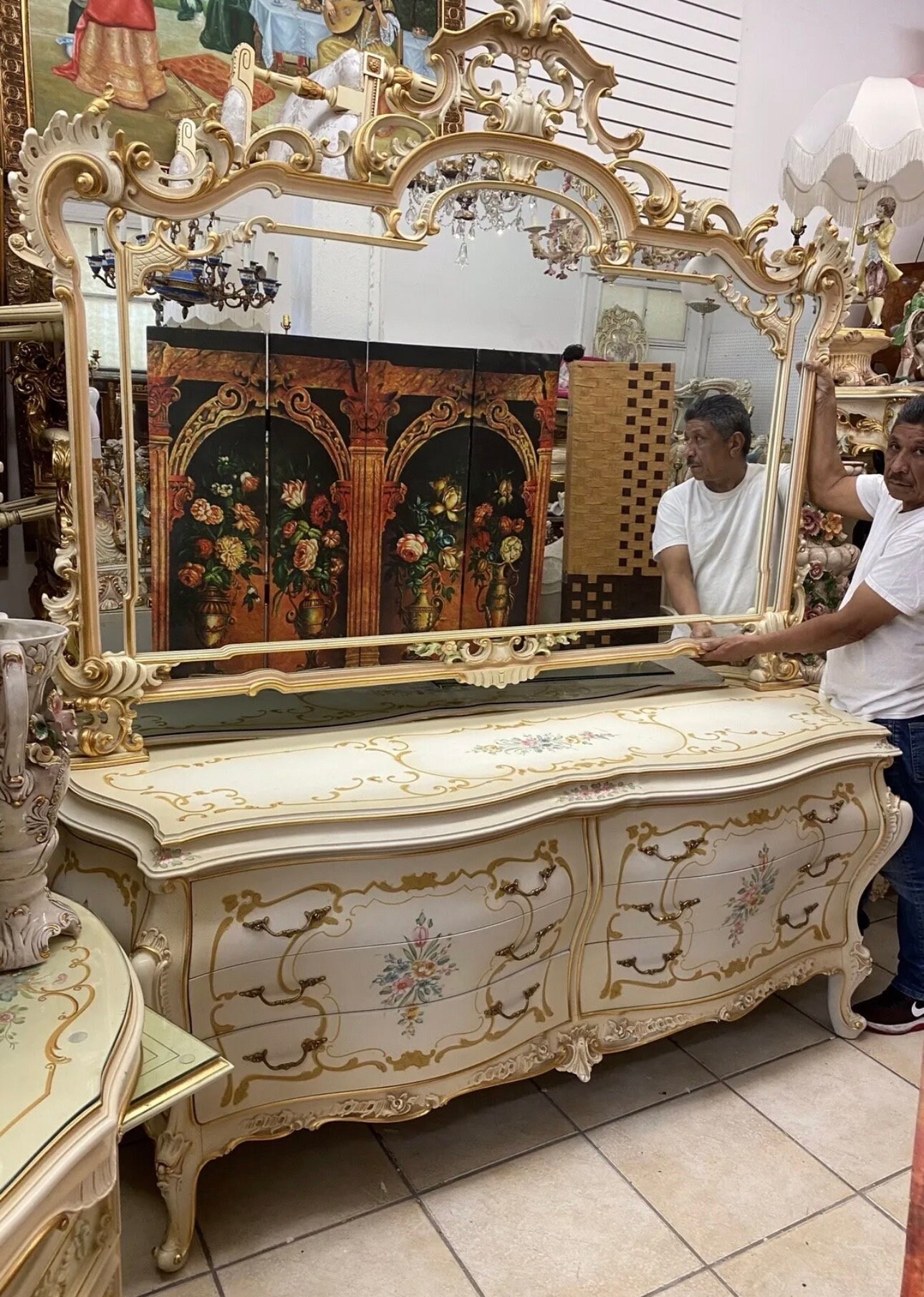 Italian Silik Mirror with Dresser Rococo Baroque Tradition Italy