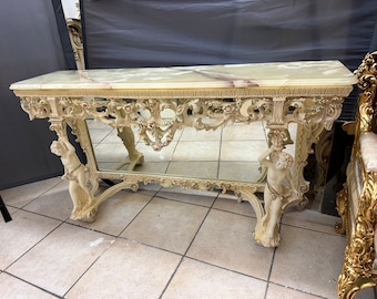 Antique SILIK Italian Rococo Baroque Angels Cherubs Babies Putti console entry table with real onyx Italy