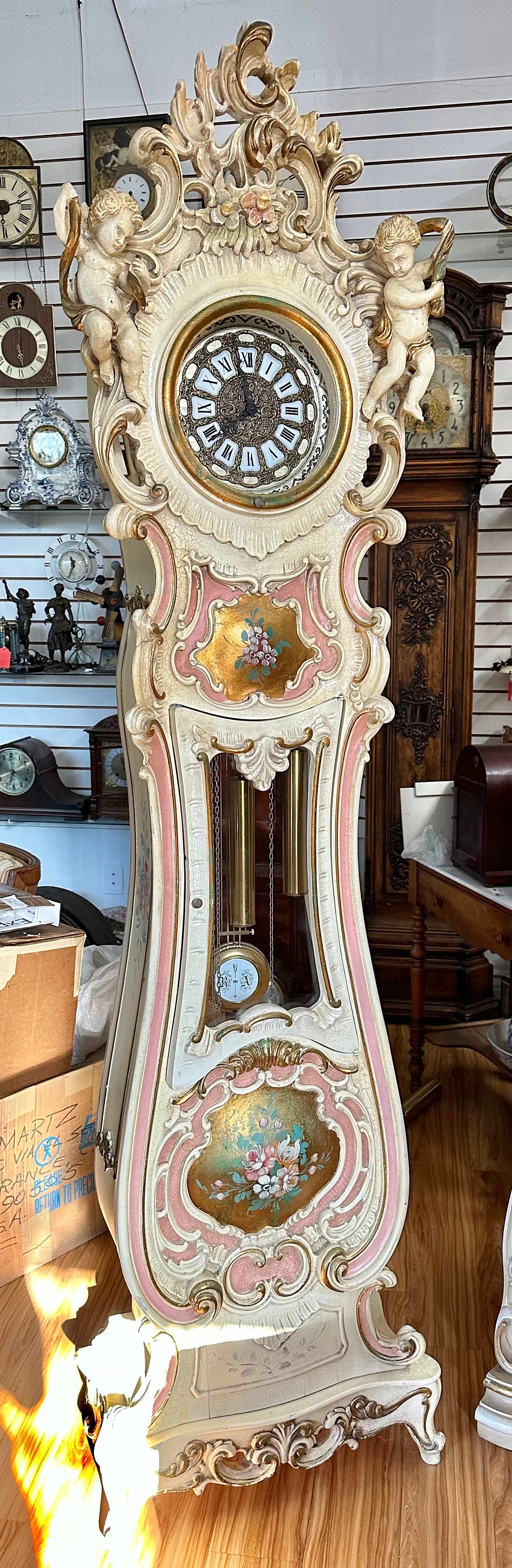 Antique Italian Mechanical Angels Cherubs Babies Grandfather Clock