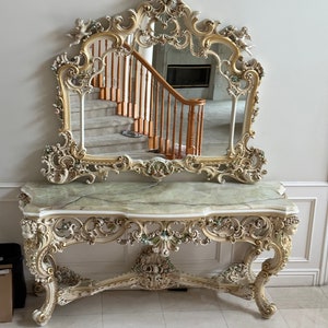 16K+ Italian SILIK Cherubs Angels Putti Cupidon Baby Console Entry Table with Huge Mirror Italy Rococo Baroque French