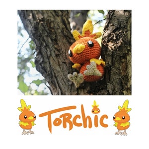May include: A crocheted orange and yellow Torchic Pokemon plush toy sitting in a tree. The plush toy is holding a small flame in its right hand. The word "Torchic" is written in orange letters below the plush toy.