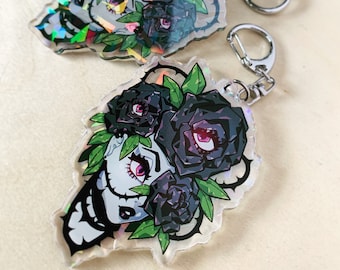Holographic Gothic Rose Keychain: Spooky Kawaii Acrylic Charm
