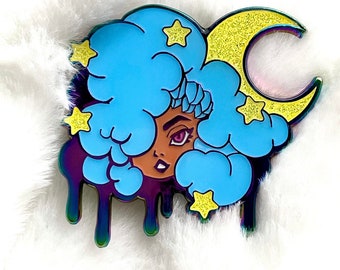 Cloud Girl Enamel Pin: Glitter Stars, Moon, Rainbow Metal - Kawaii Anime