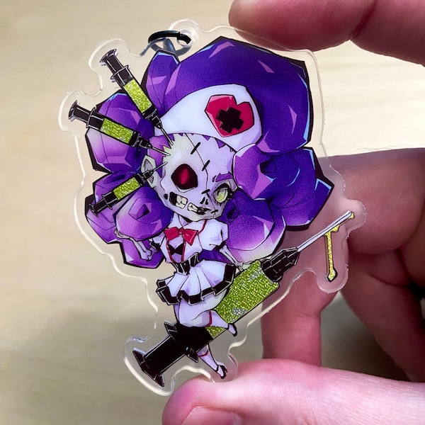 Zombie Nurse Holographic Anime Girl Key chain - Anime Accesory - Monster Girl Keychain - Spooky Anime Keychain - ANime Acrylic Charm