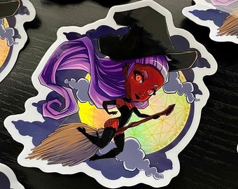 Etiqueta engomada holográfica del vinilo de la bruja de la luna de Halloween espeluznante gótica