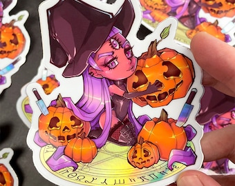 Pegatina holográfica de bruja de anime: Calabaza tallada, vinilo espeluznante (10 x 10 cm)