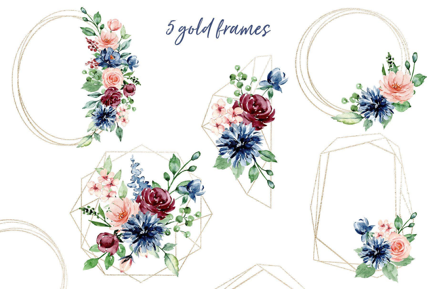 Watercolor Navy and Burgundy Garden Bloom Flowers Set - Burgundy Blush ...