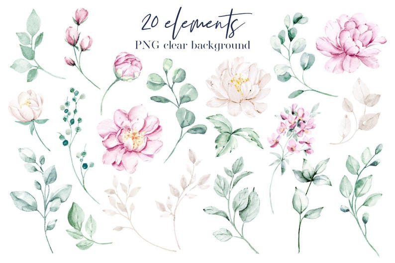 Watercolor Pink and White Peonies Flowers Set - Printable Floral ...