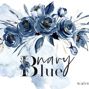 Watercolor Navy Blue Flowers Set - Navy Blue Roses, Floral Garden Bouquets Png Clipart, Wedding Digital Leaves Herbs, Gold Alphabet