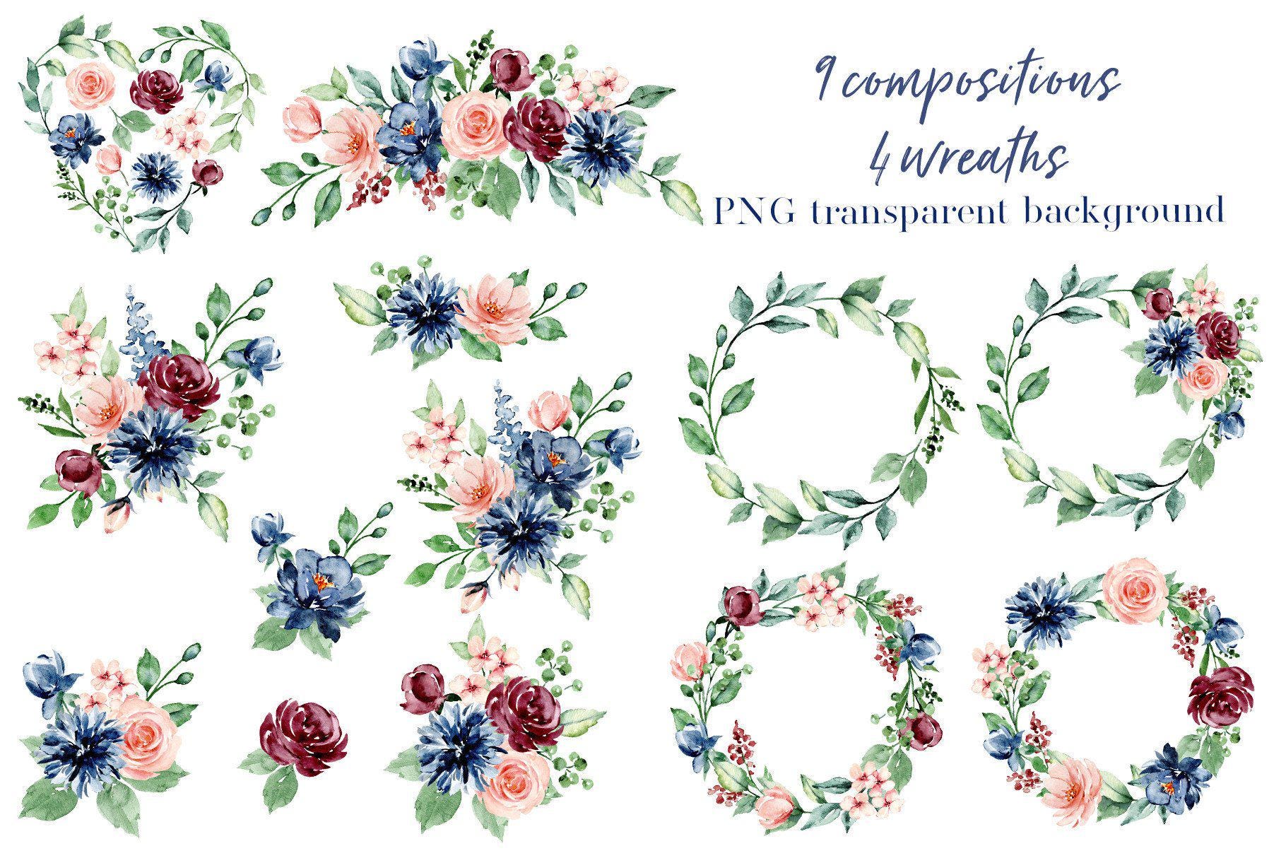 Watercolor Navy and Burgundy Garden Bloom Flowers Set - Burgundy Blush ...