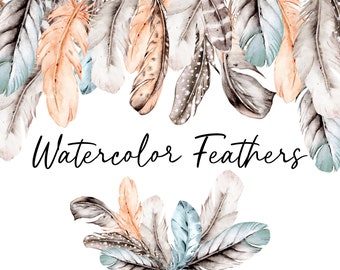 Watercolor Feathers Hand Drawing - Boho Style Feathers -  Exotic Boho Set - Digital Clip Art - Scrapbooking Set - Wedding Invitation