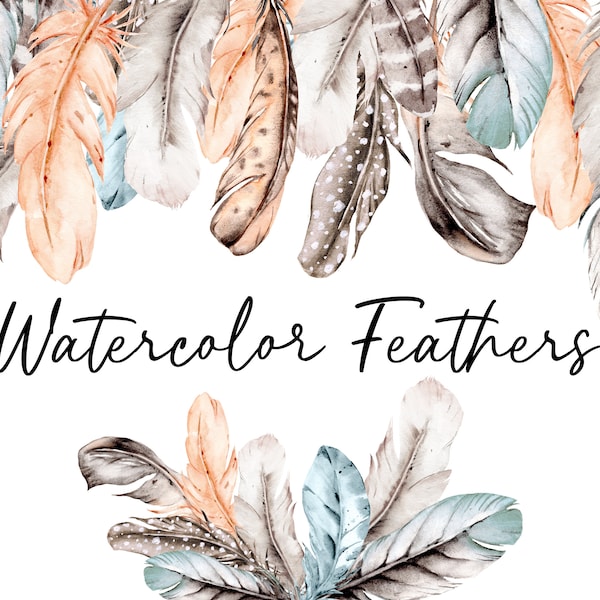 Watercolor Feathers Hand Drawing - Boho Style Feathers -  Exotic Boho Set - Digital Clip Art - Scrapbooking Set - Wedding Invitation