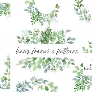 Watercolor Leaves Clipart Set - Floral Borders - Eucalyptus - Premade Borders - Wedding Clipart - Borders Clipart