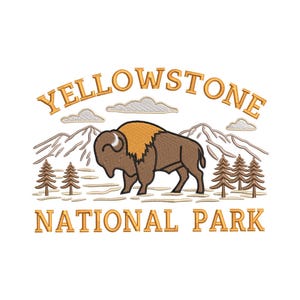 May include: An embroidery design featuring a brown bison standing in front of mountains and pine trees. The text reads YELLOWSTONE NATIONAL PARK. File formats CND, DST, EXP, HUS, JEF, PES, VP3, XXX are listed with 4 sizes: 4", 5", 6", and 7".